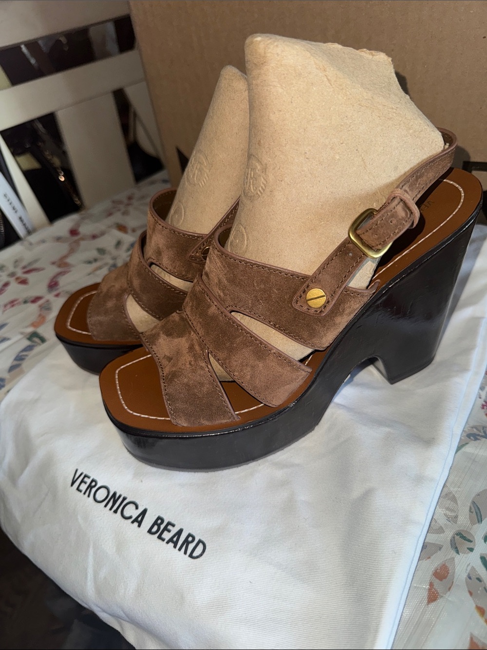 Veronica Beard Chestnut Suede Platform Slingback Sandals